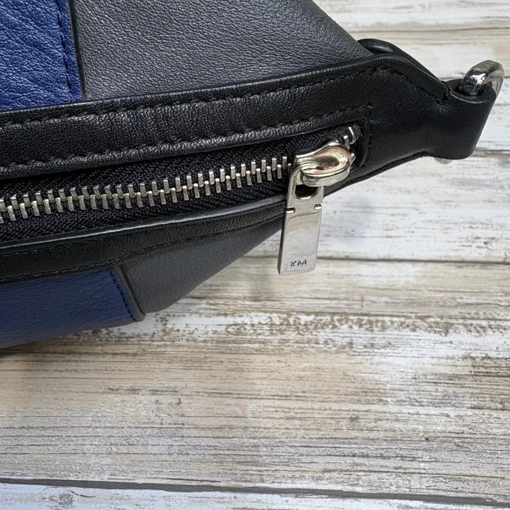 Karen Millen Satchel Bag OS Blue Black Leather Colorblock Tote Purse Quiet Luxuy